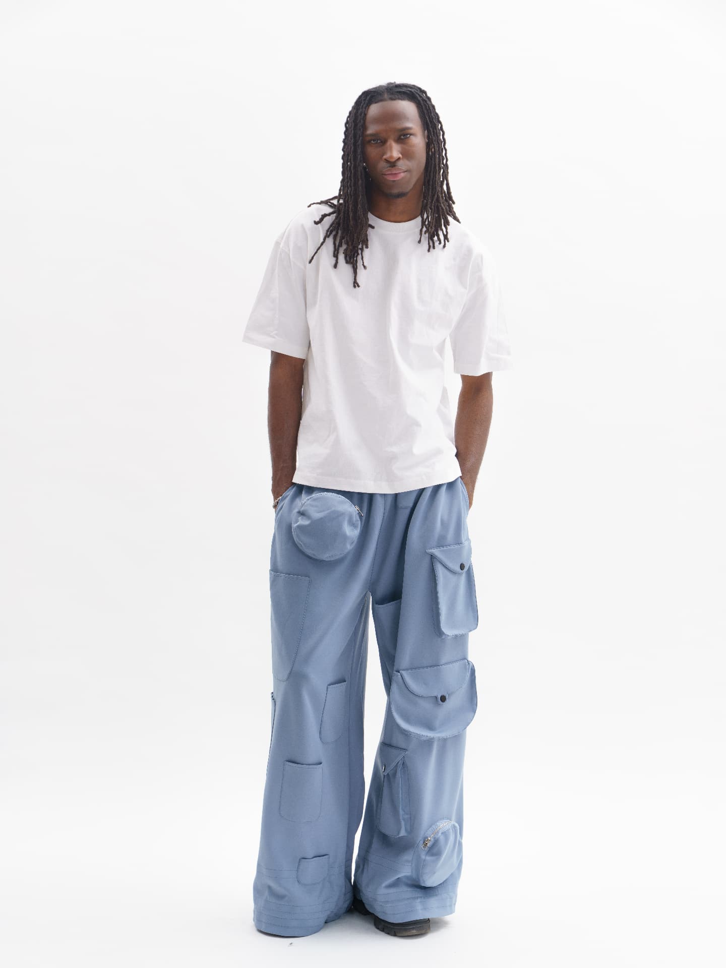 eonic white tee and blue cargo trousers full look